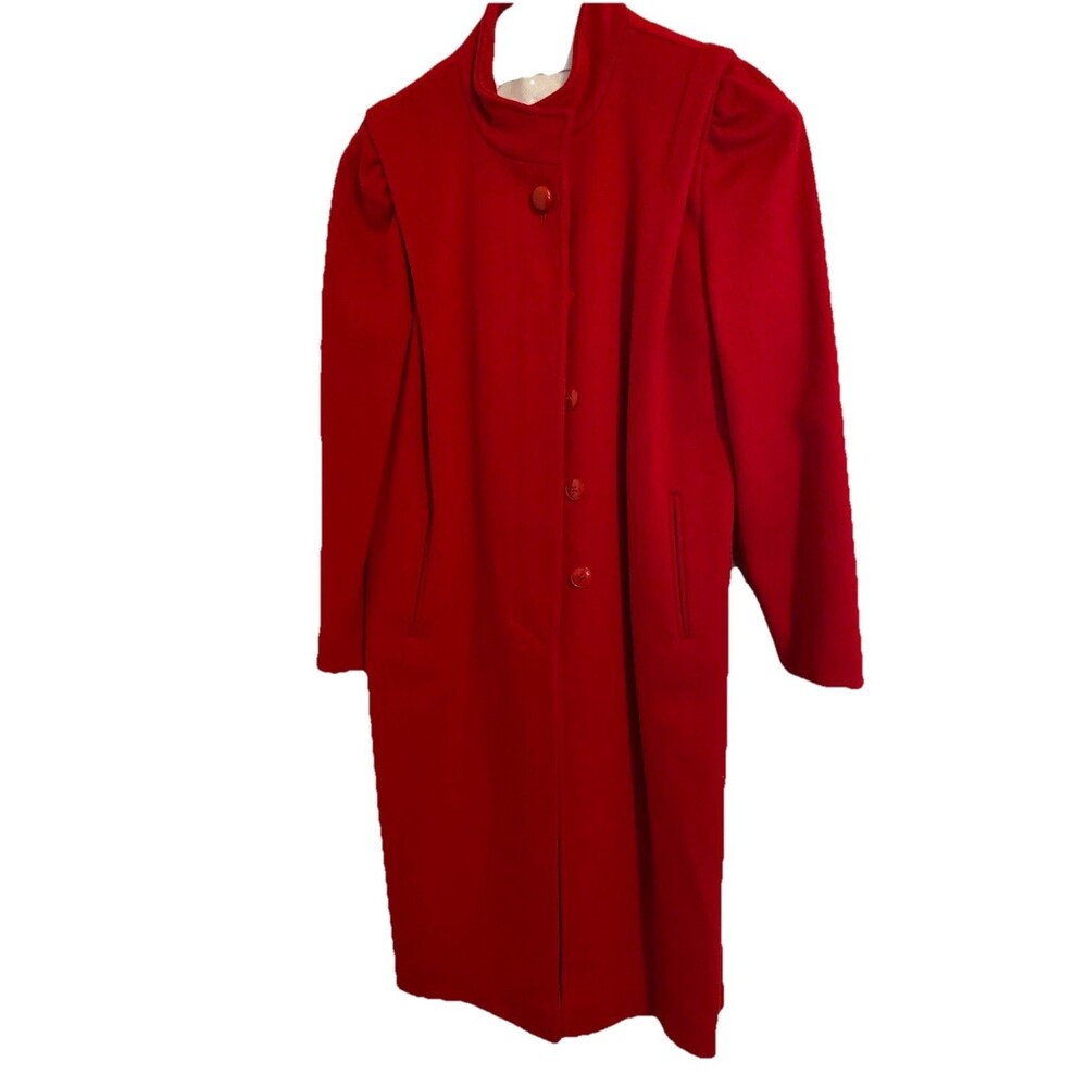 Vtg Karen USA Deep Red 100% Wool Long Coat Not Sized 44” Chest Fully Lined